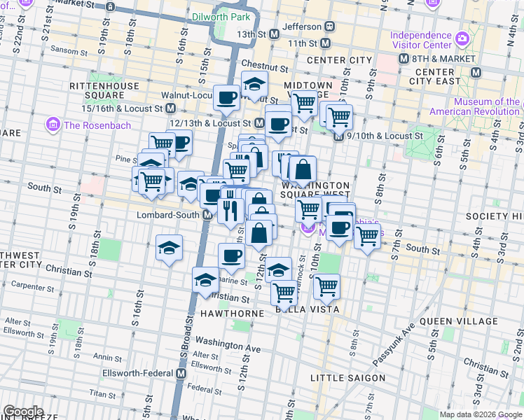map of restaurants, bars, coffee shops, grocery stores, and more near in Philadelphia