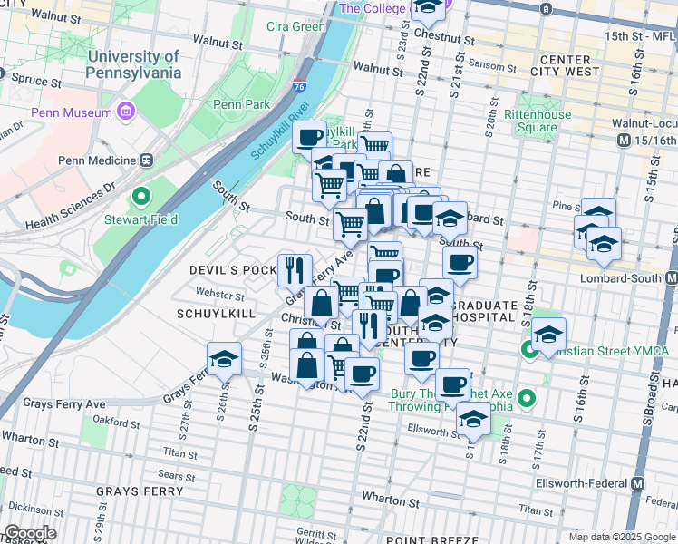 map of restaurants, bars, coffee shops, grocery stores, and more near 2327 Fitzwater Street in Philadelphia