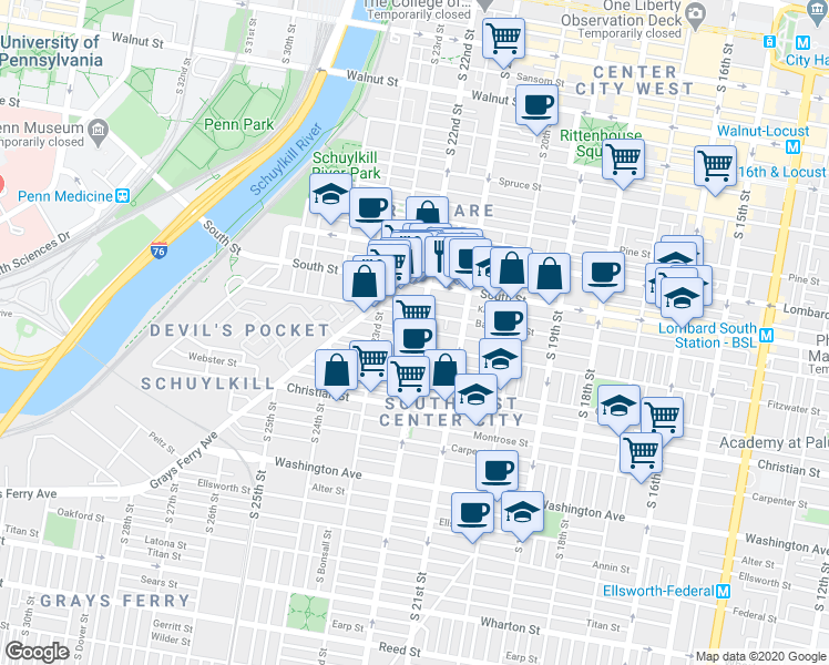 map of restaurants, bars, coffee shops, grocery stores, and more near 718 South 22nd Street in Philadelphia