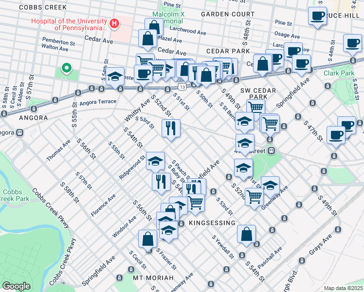 map of restaurants, bars, coffee shops, grocery stores, and more near 5226 Beaumont Avenue in Philadelphia