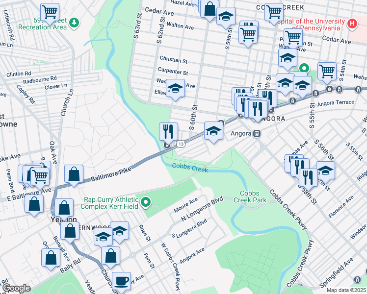 map of restaurants, bars, coffee shops, grocery stores, and more near 6052 Baltimore Avenue in Philadelphia