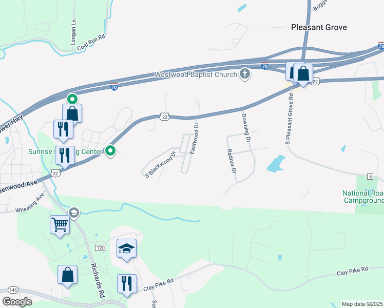 map of restaurants, bars, coffee shops, grocery stores, and more near 200 Eastwood Drive in Zanesville
