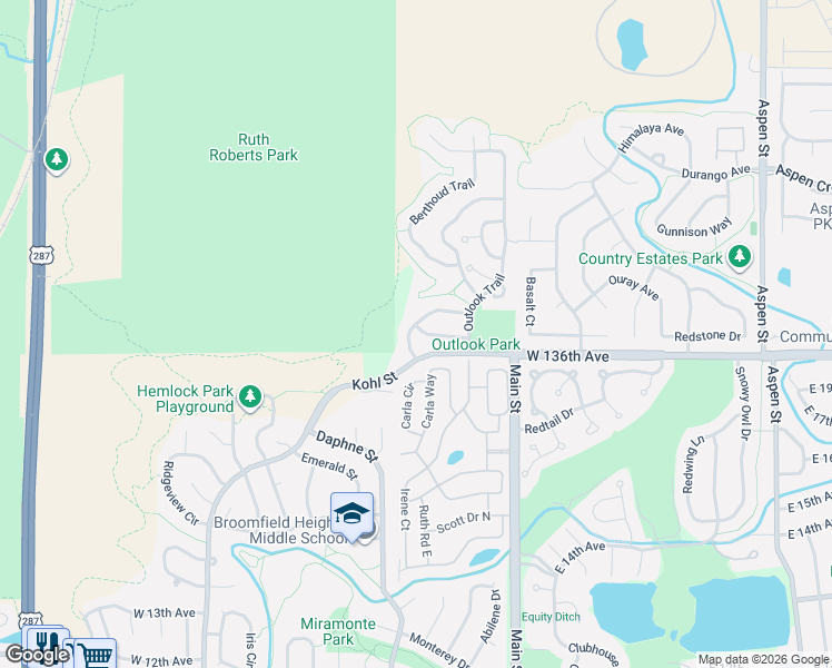map of restaurants, bars, coffee shops, grocery stores, and more near 263 Powderhorn Trail in Broomfield