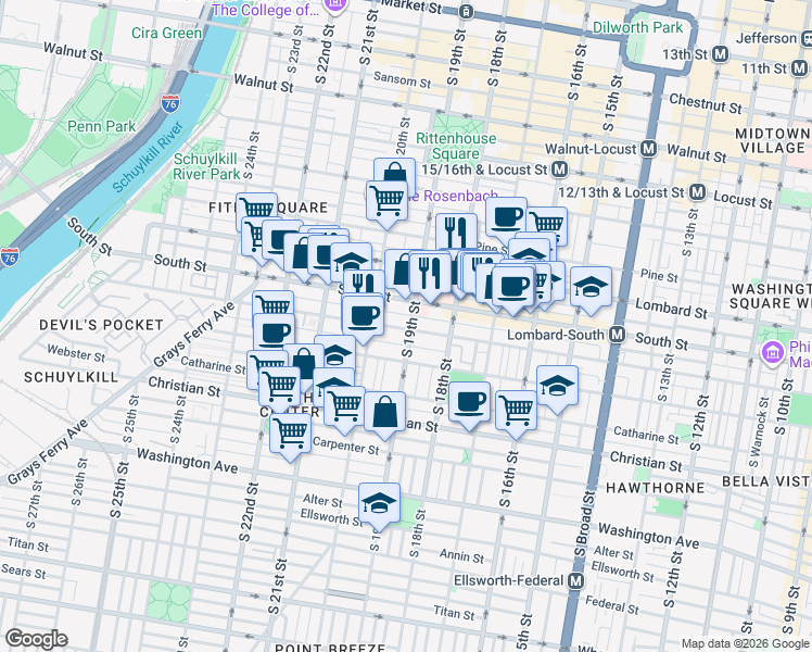 map of restaurants, bars, coffee shops, grocery stores, and more near 710 South 19th Street in Philadelphia