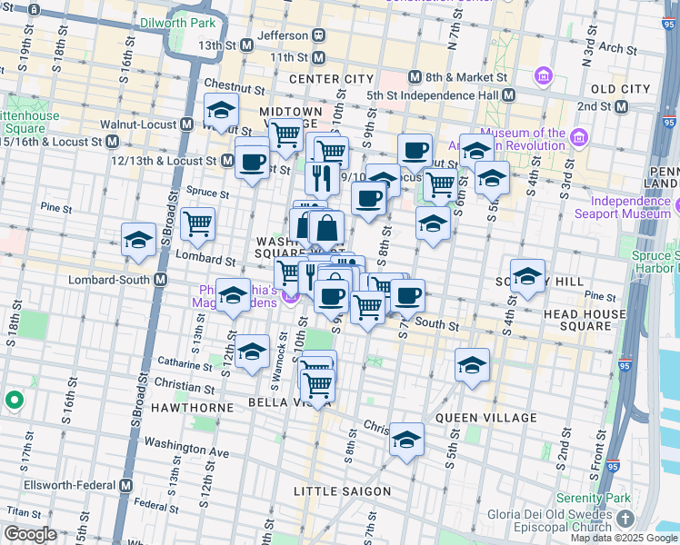 map of restaurants, bars, coffee shops, grocery stores, and more near 408 South 9th Street in Philadelphia