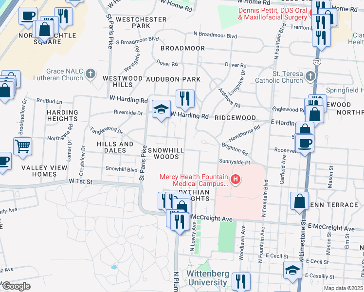 map of restaurants, bars, coffee shops, grocery stores, and more near 1525 North Plum Street in Springfield