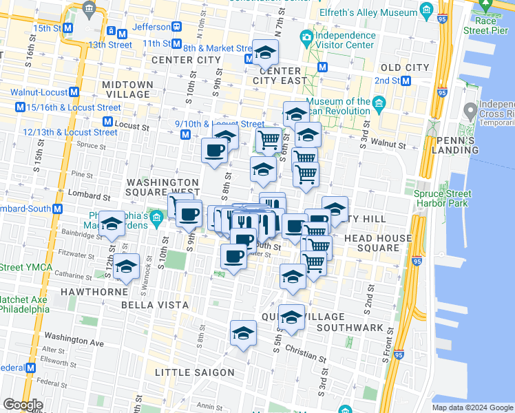 map of restaurants, bars, coffee shops, grocery stores, and more near 632 Pine Street in Philadelphia