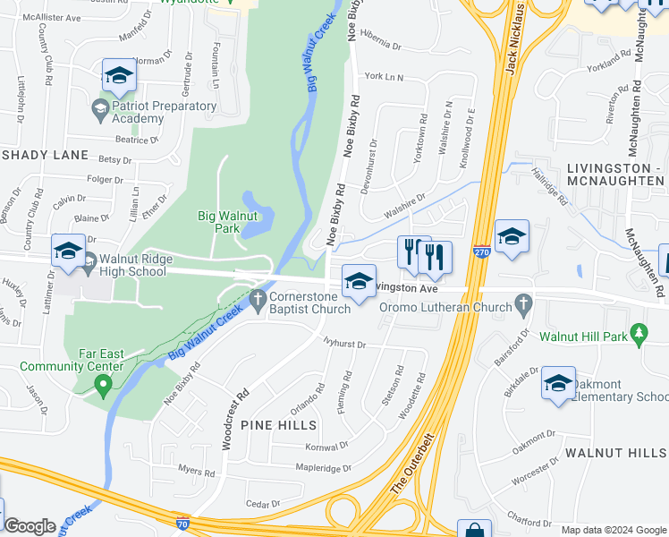 map of restaurants, bars, coffee shops, grocery stores, and more near 5465 Red Bird Court in Columbus