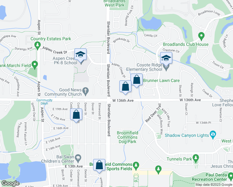 map of restaurants, bars, coffee shops, grocery stores, and more near 5085 West 136th Avenue in Broomfield