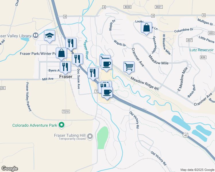 map of restaurants, bars, coffee shops, grocery stores, and more near 575 Zerex Street in Fraser