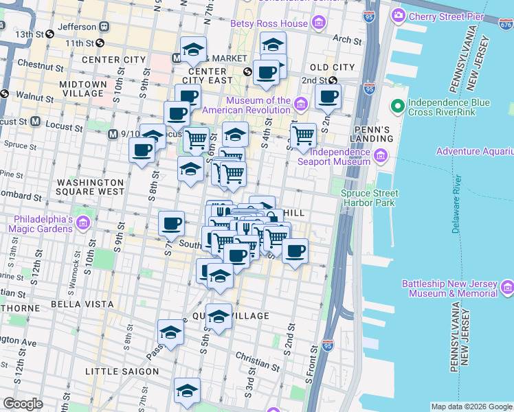 map of restaurants, bars, coffee shops, grocery stores, and more near in Philadelphia