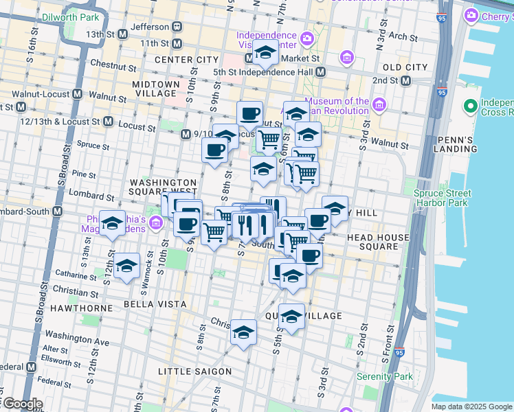 map of restaurants, bars, coffee shops, grocery stores, and more near 632 Pine Street in Philadelphia