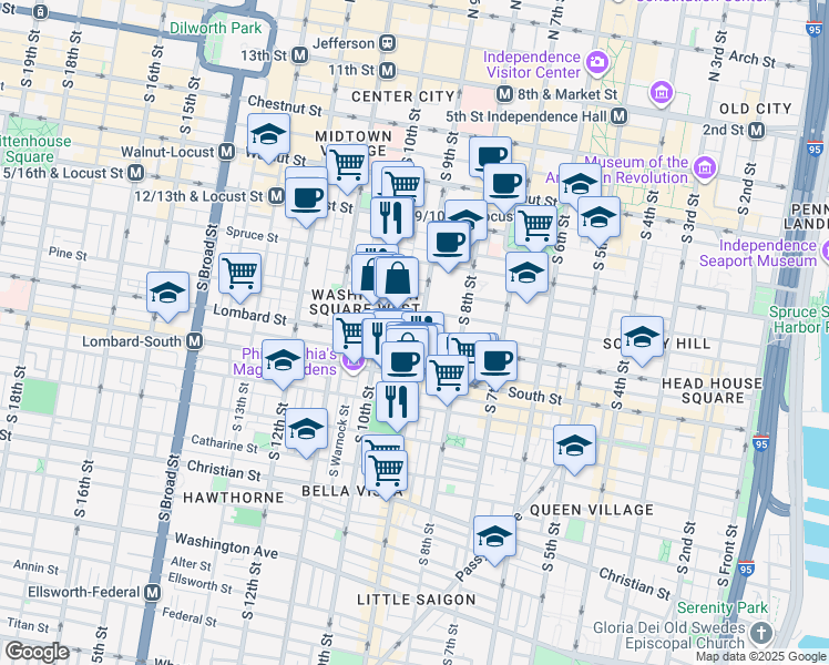 map of restaurants, bars, coffee shops, grocery stores, and more near 900 Lombard Street in Philadelphia