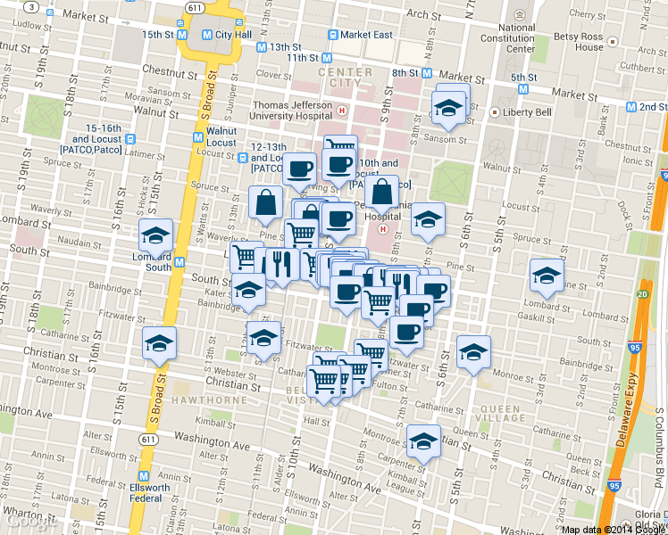 map of restaurants, bars, coffee shops, grocery stores, and more near 900 Lombard Street in Philadelphia