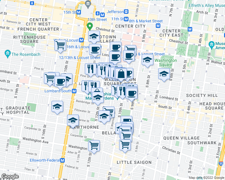map of restaurants, bars, coffee shops, grocery stores, and more near 1106 Rodman Street in Philadelphia