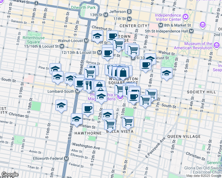 map of restaurants, bars, coffee shops, grocery stores, and more near 1106 Rodman Street in Philadelphia