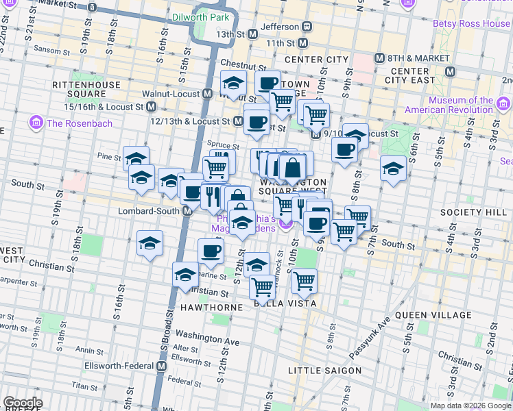 map of restaurants, bars, coffee shops, grocery stores, and more near 1106 Rodman Street in Philadelphia