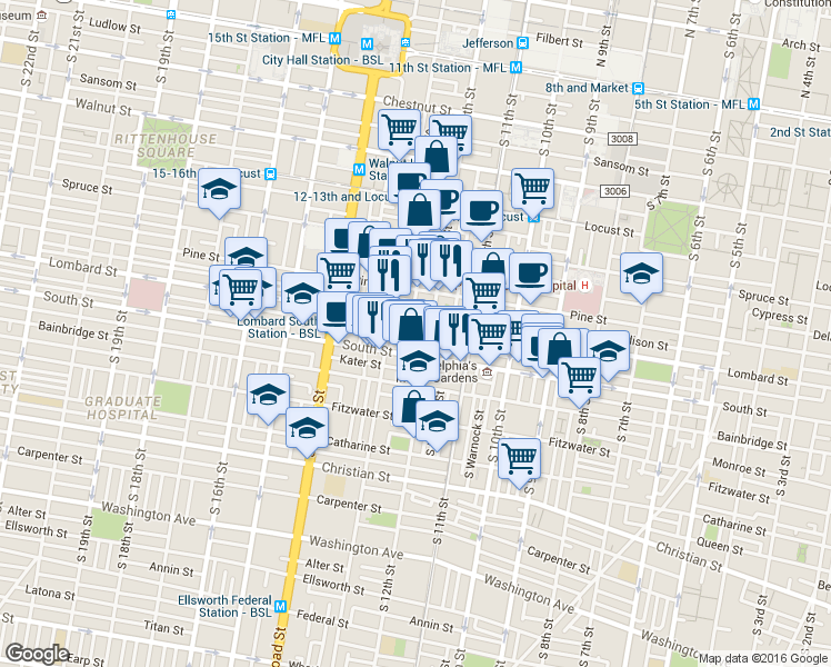 map of restaurants, bars, coffee shops, grocery stores, and more near in Philadelphia