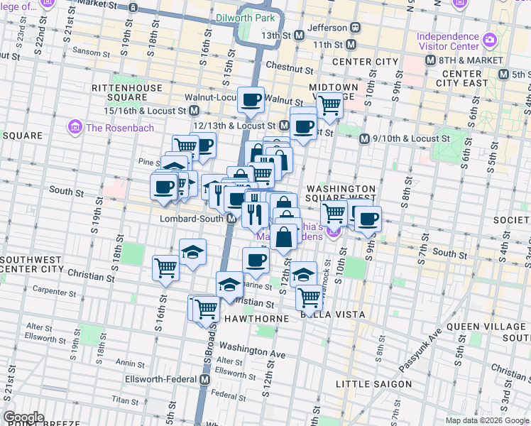 map of restaurants, bars, coffee shops, grocery stores, and more near in Philadelphia