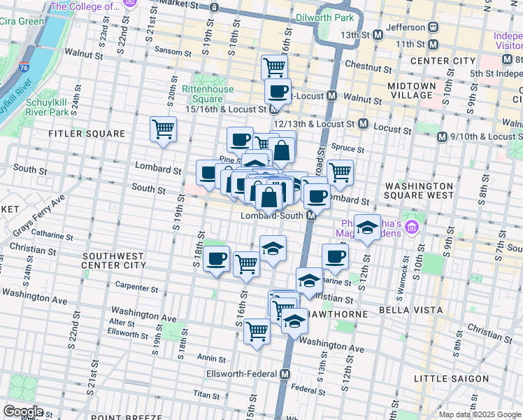 map of restaurants, bars, coffee shops, grocery stores, and more near in Philadelphia