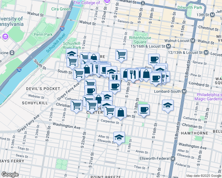 map of restaurants, bars, coffee shops, grocery stores, and more near 2004 Pemberton Street in Philadelphia