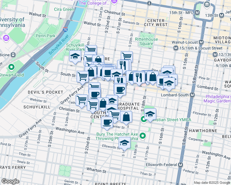 map of restaurants, bars, coffee shops, grocery stores, and more near 2004 Pemberton Street in Philadelphia