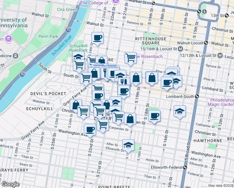 map of restaurants, bars, coffee shops, grocery stores, and more near 2054 Pemberton Street in Philadelphia
