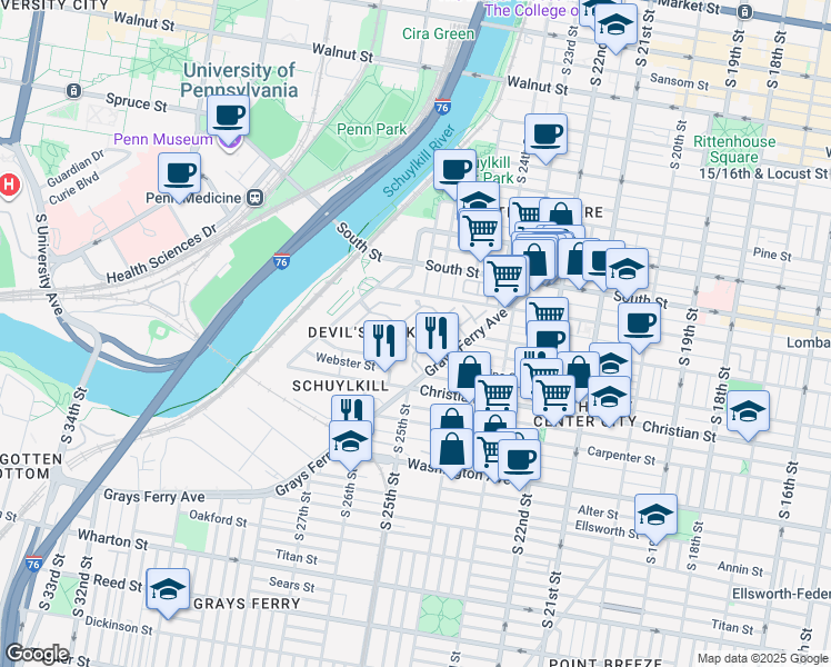 map of restaurants, bars, coffee shops, grocery stores, and more near 201 Surgeon Generals Court in Philadelphia