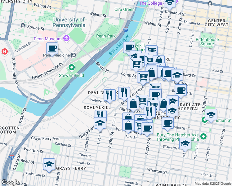 map of restaurants, bars, coffee shops, grocery stores, and more near 201 Surgeon Generals Court in Philadelphia