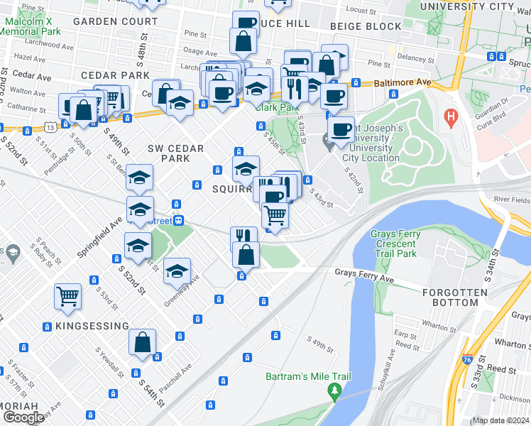 map of restaurants, bars, coffee shops, grocery stores, and more near in Philadelphia