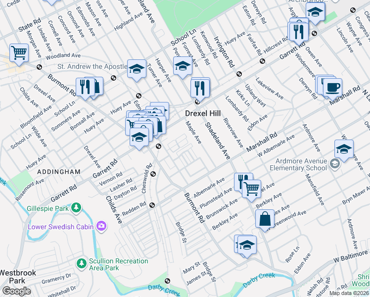 map of restaurants, bars, coffee shops, grocery stores, and more near 349 Francis Street in Drexel Hill