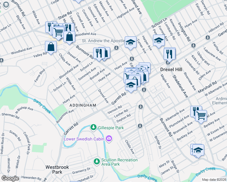 map of restaurants, bars, coffee shops, grocery stores, and more near 4006 Berry Avenue in Drexel Hill