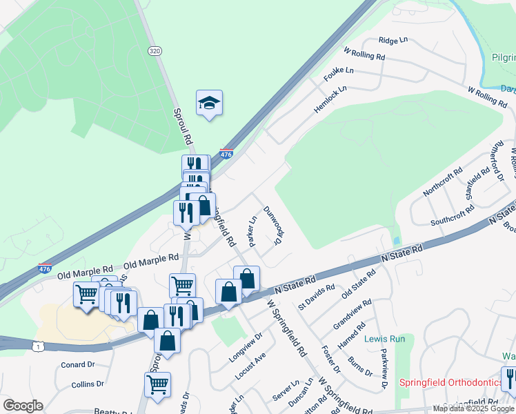 map of restaurants, bars, coffee shops, grocery stores, and more near 798 Parker Lane in Springfield