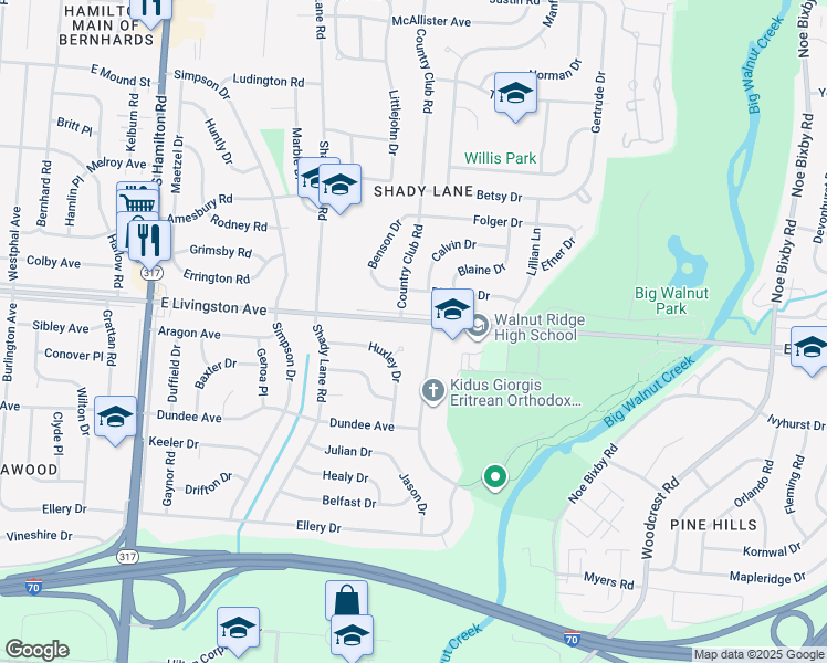 map of restaurants, bars, coffee shops, grocery stores, and more near 1587 Lattimer Drive in Columbus