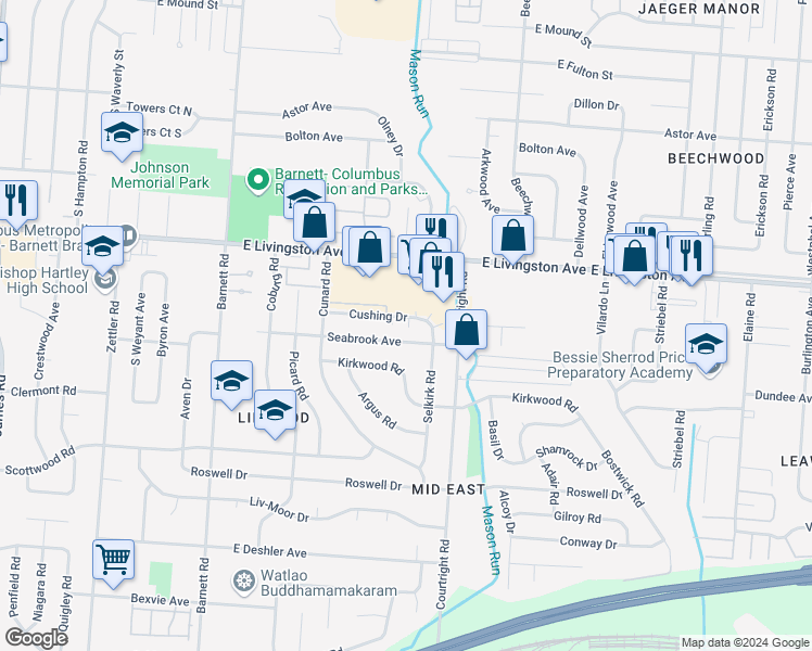 map of restaurants, bars, coffee shops, grocery stores, and more near 3614 Seabrook Avenue in Columbus