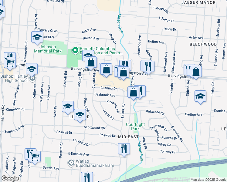 map of restaurants, bars, coffee shops, grocery stores, and more near 3614 Seabrook Avenue in Columbus