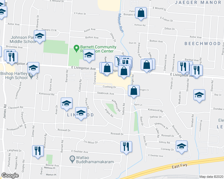 map of restaurants, bars, coffee shops, grocery stores, and more near 3566 Seabrook Avenue in Columbus