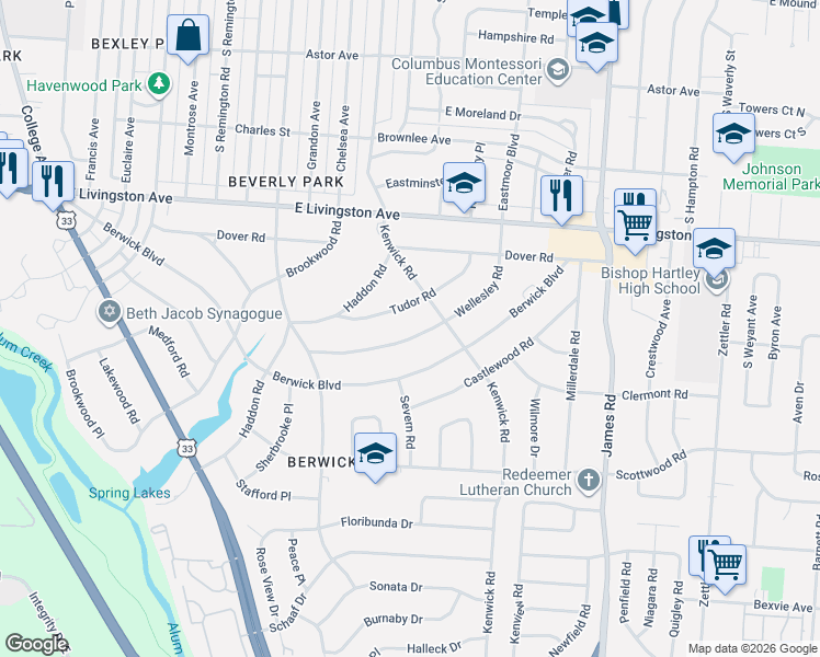 map of restaurants, bars, coffee shops, grocery stores, and more near 2733 Wellesley Road in Columbus