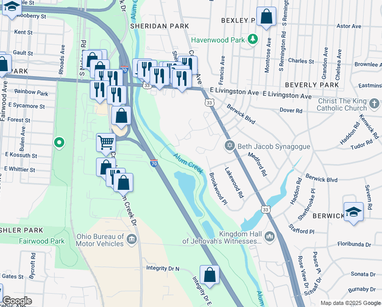 map of restaurants, bars, coffee shops, grocery stores, and more near Alum Creek Multi-Use Trail (Ohio to Erie Trail) in Columbus