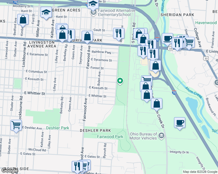 map of restaurants, bars, coffee shops, grocery stores, and more near 1689 East Kossuth Street in Columbus