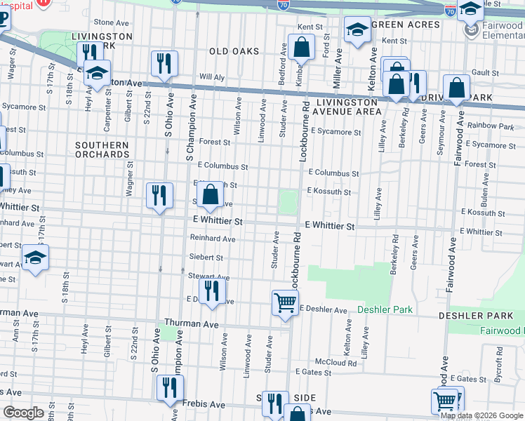 map of restaurants, bars, coffee shops, grocery stores, and more near 1085 Linwood Avenue in Columbus