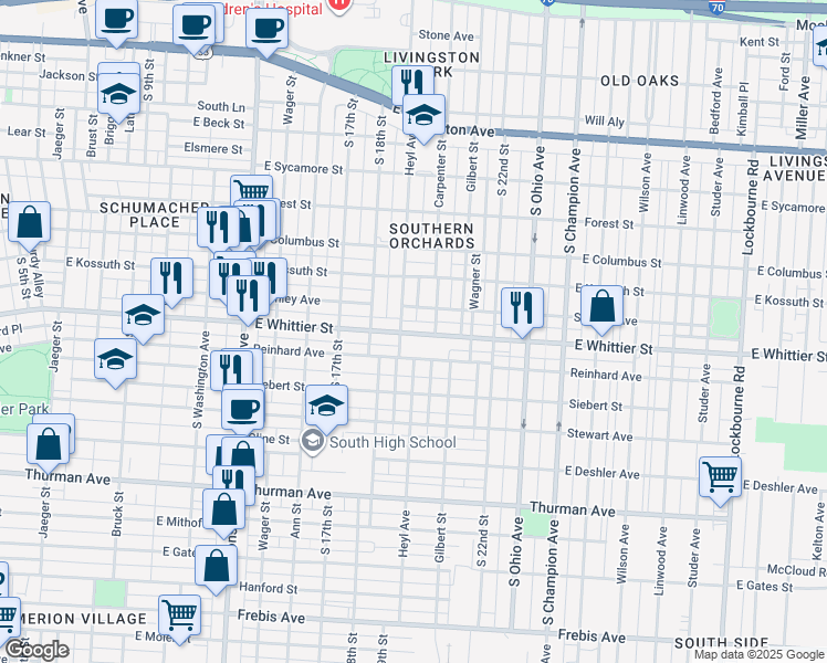 map of restaurants, bars, coffee shops, grocery stores, and more near 1015 Heyl Avenue in Columbus