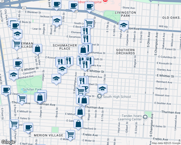 map of restaurants, bars, coffee shops, grocery stores, and more near 566 Reinhard Avenue in Columbus