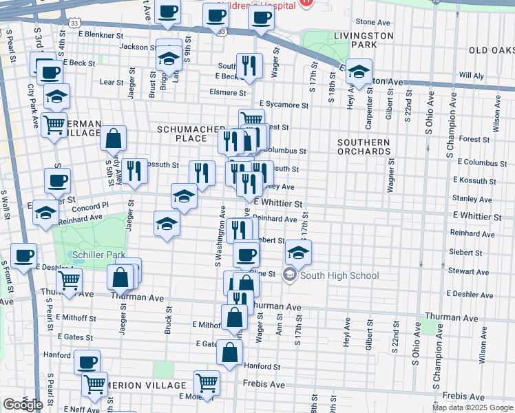 map of restaurants, bars, coffee shops, grocery stores, and more near 987 Parsons Avenue in Columbus