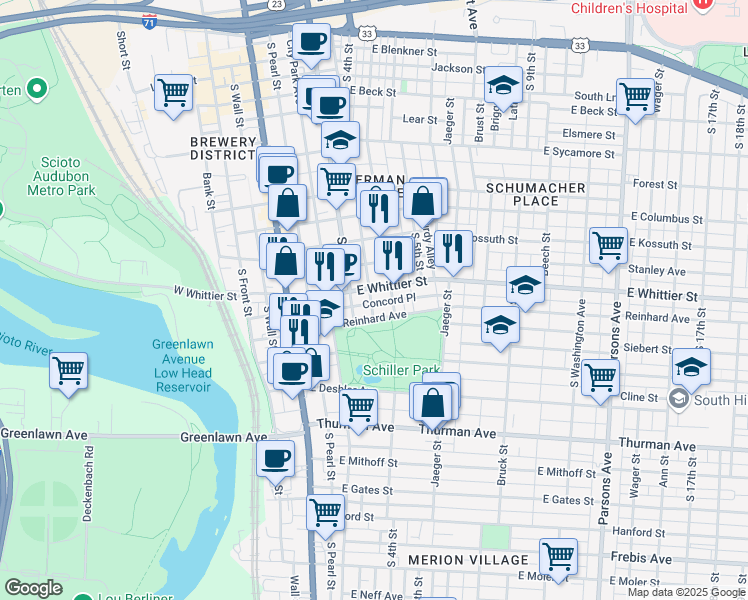 map of restaurants, bars, coffee shops, grocery stores, and more near 925 South Lazelle Street in Columbus