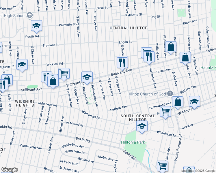 map of restaurants, bars, coffee shops, grocery stores, and more near 574 South Eureka Avenue in Columbus