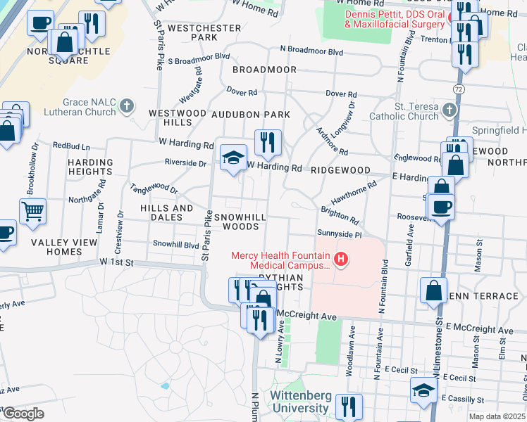 map of restaurants, bars, coffee shops, grocery stores, and more near 321 Glendale Drive in Springfield