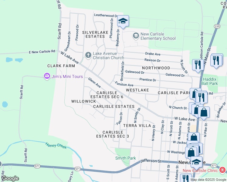 map of restaurants, bars, coffee shops, grocery stores, and more near 511 Zimmerman Street in New Carlisle