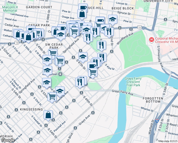 map of restaurants, bars, coffee shops, grocery stores, and more near 1245 South 47th Street in Philadelphia