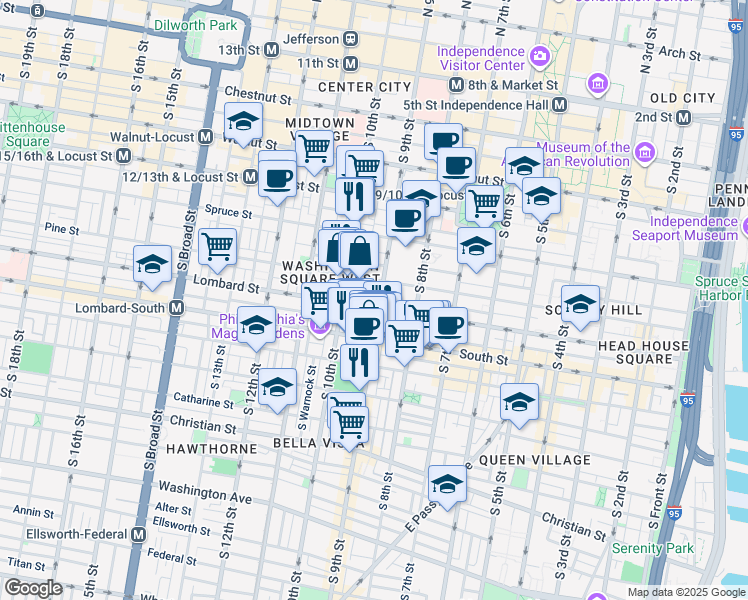 map of restaurants, bars, coffee shops, grocery stores, and more near 900 Lombard Street in Philadelphia